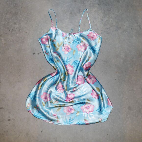 Vintage 80s Satin Slip Dress Tank Short Dress Summer Vacation Mini Dress Large - Picture 1 of 4